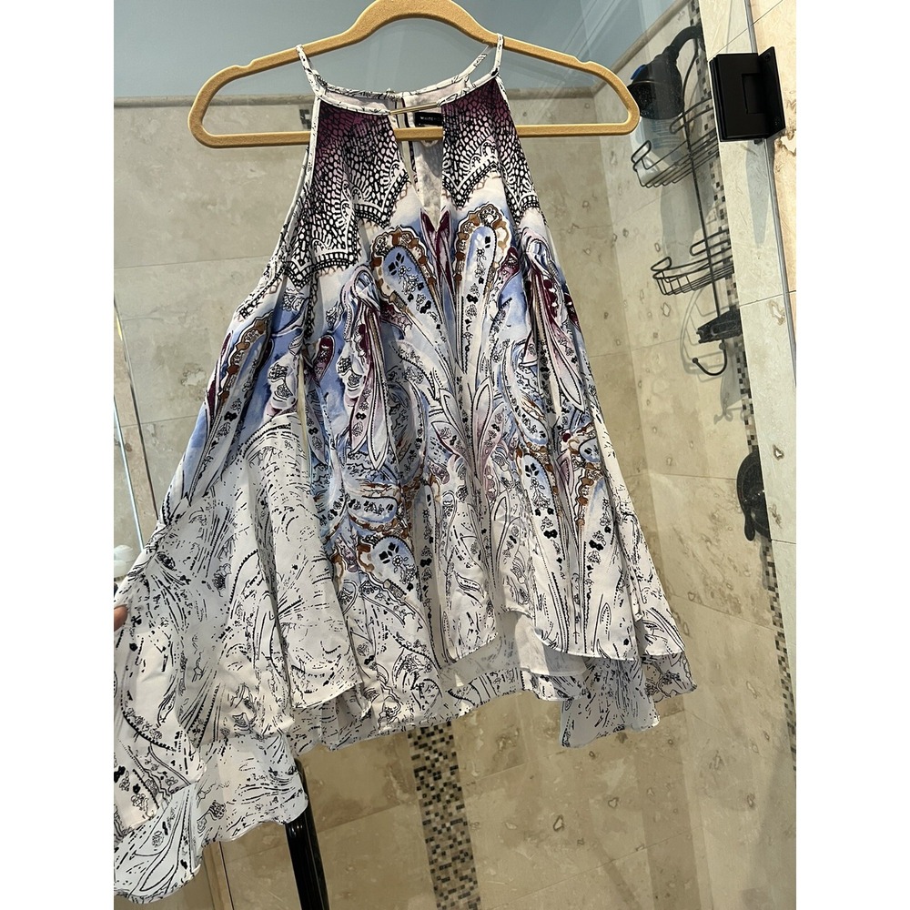 White House Black Market Cold Shoulder Paisley Bell Sleeve Blouse Blue 10P